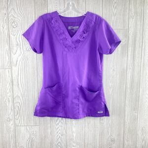 Grey's Anatomy Scrubs Top Women's Small Purple V Neck Lace Short Sleeve Pockets